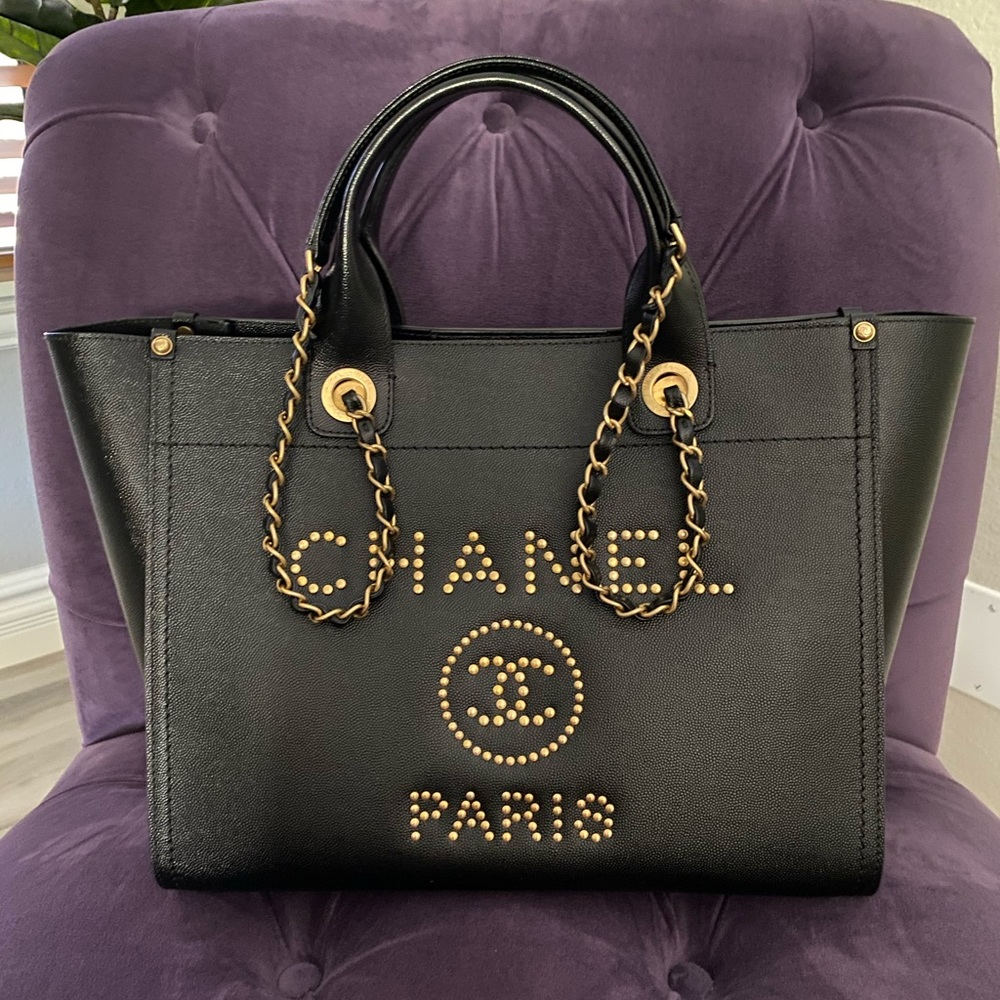 Chanel black caviar leather studded Deauville tote